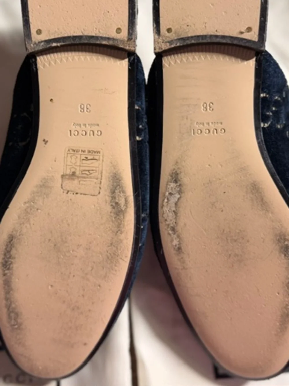 Gucci Navy Velvet GG Logo Backless Loafers with Gold Horsebit